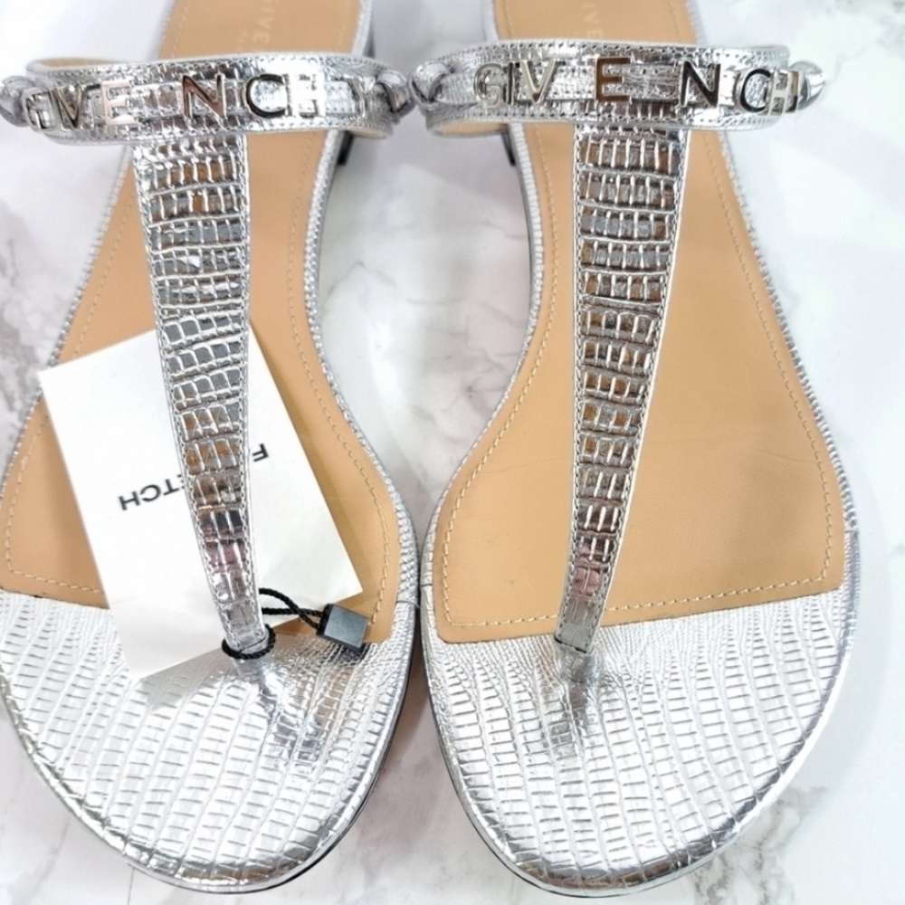 Givency Elba Lizard Embossed Silvery Metallic Leather Thong Sandals Size IT 38.5 - Picture 2 of 11
